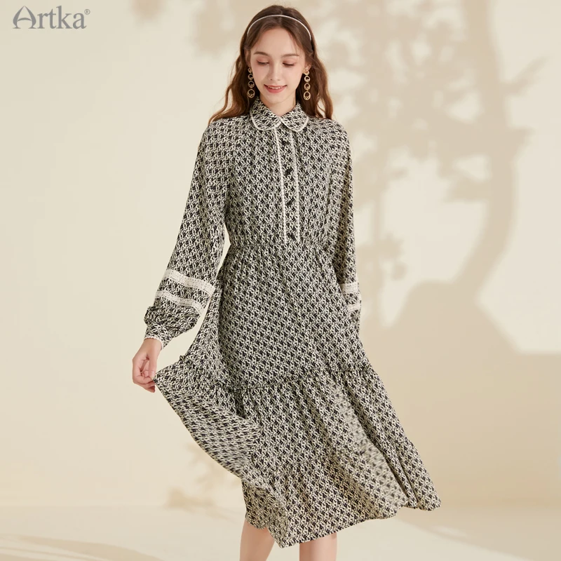 

ARTKA 2022 Spring New Women Dress Elegant Elastic High Waist Floral Chiffon Dress Lace Lantern Sleeve Ruffle Midi Dress LA20119D