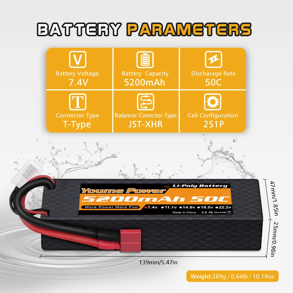 2pcs Youme 2S 3S 4S 6S RC Lipo Battery 7.4V 11.1V 14.8V 22.2V 3300mah 4500mah 5200mah 6200mah 6500mah with XT60 for RC Car Drone