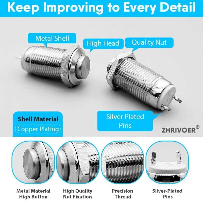 1 個 10 ミリメートル金属プッシュボタンスイッチ、セルフロック/ラッチ自己リセット/モーメンタリー 2/3 ピンIP67 フラットヘッド/高ヘッド 3A/250VAC