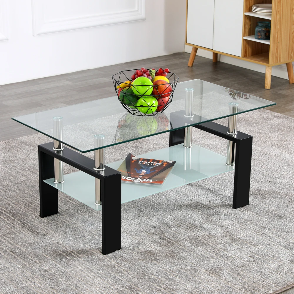 Arc Shaped Two Tiers Tempered Glass Coffee Table Side Table End Table (100 x 60 x 43)cm US Warehouse IN Stock