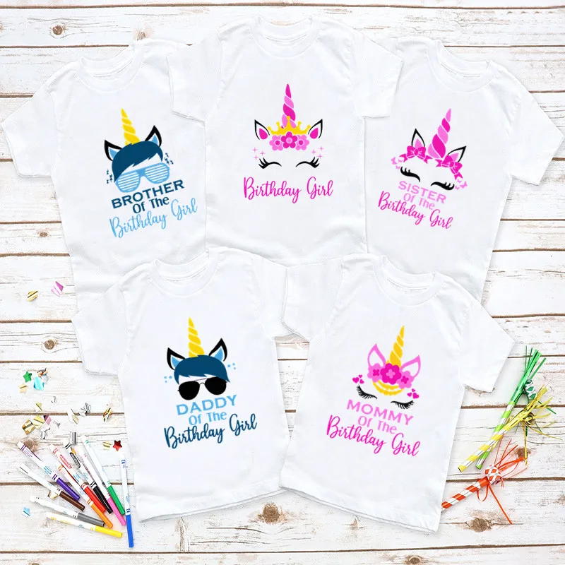 

Birthday Party Family Look Matching Clothes Unicorn Theme Birthday Girl T-shirt Present Kids Clothing Father Mother Daughter Son