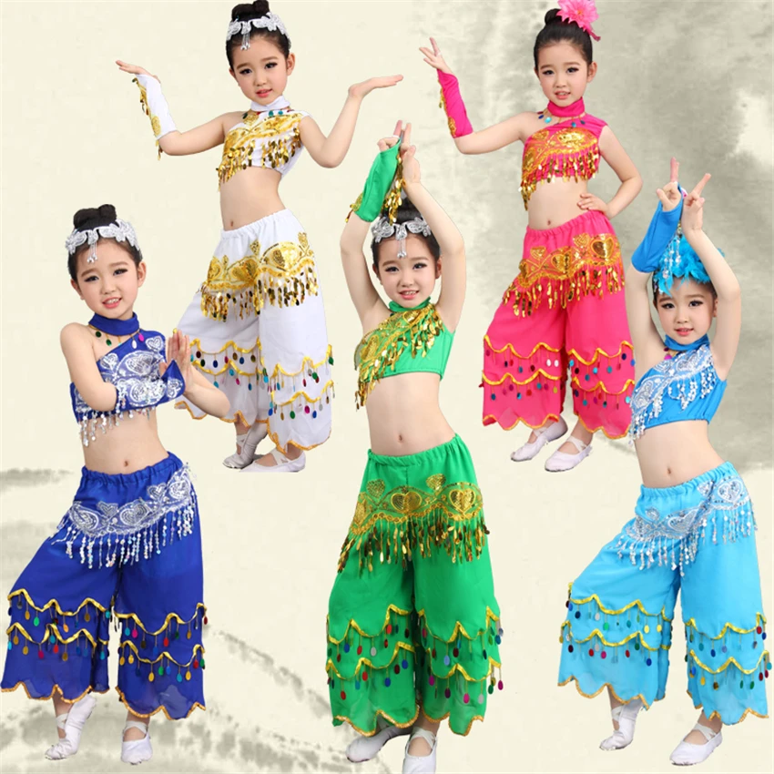 Abbigliamento tradizionale cinese per ragazze Hanfu paillettes pavone Folk Dai Dance Costume Stage Performance Festival Outfit 110-160CM