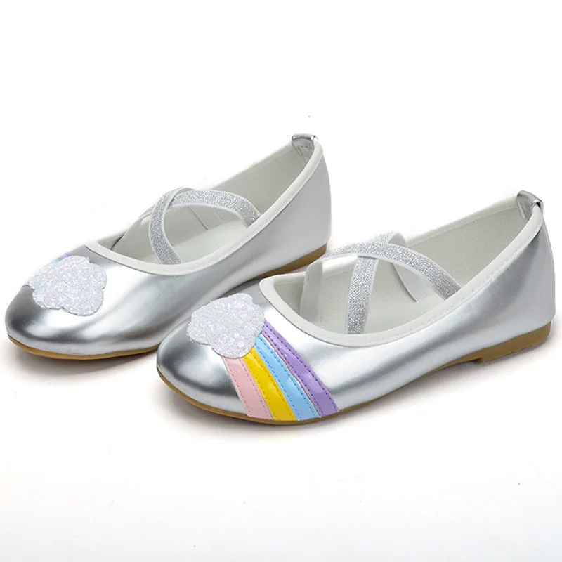 2023 New Girls Shoes Clouds Rainbow Kids Flats Children Silver Soft Soles Baby Girl Princess Dance Shoes Slip On Loafers CSH1240