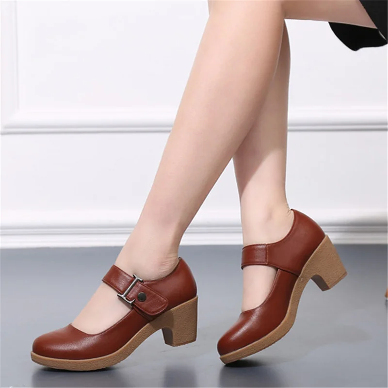 MVVJKE Mary Jane shoes high heel women ankle strap round toe square heel pumps dancing party lady wedges platform leather shoe