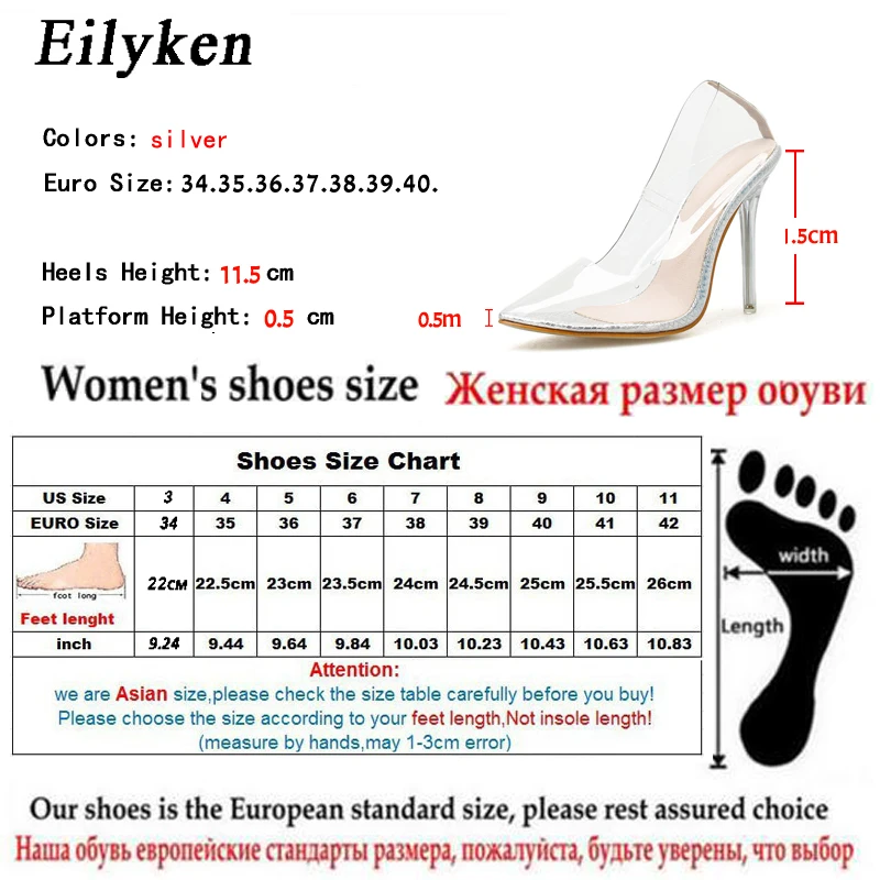 Eilyken Fashion PVC Transparent Crystal Women Pumps Sexy Pointed ToeThin High Heels Wedding Party Shoes For Silver Size 41 42