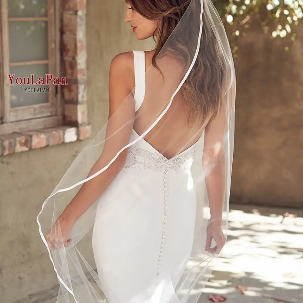 YouLaPan V21 velo da sposa lungo con bordo a nastro veli da sposa eleganti semplici di alta qualità veli fatti a mano in avorio bianco