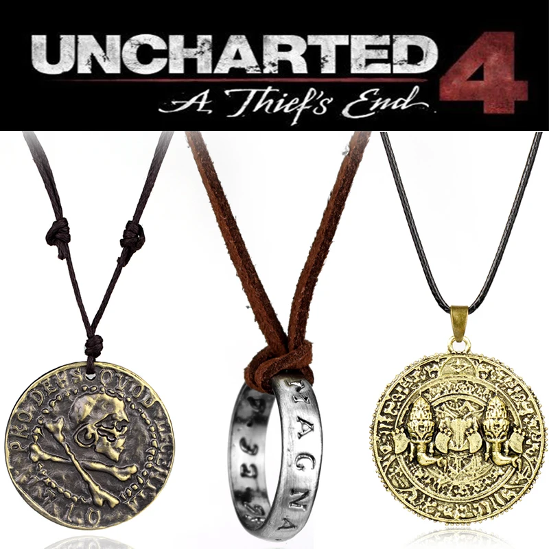 Game Uncharted 4 Necklace Thief\'s End Nathan Drake Pendant Necklace Long Short Chain Pirate Skull Coin Jewelry Fans Collection