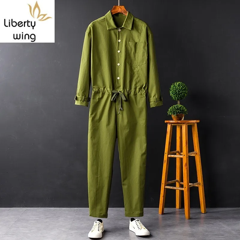 Harajuku Mens Casual Loose Fit Jumpsuits Long Sleeve Single Breasted Top Drawstring Waist Full Length Pants Male Cargo Overalls