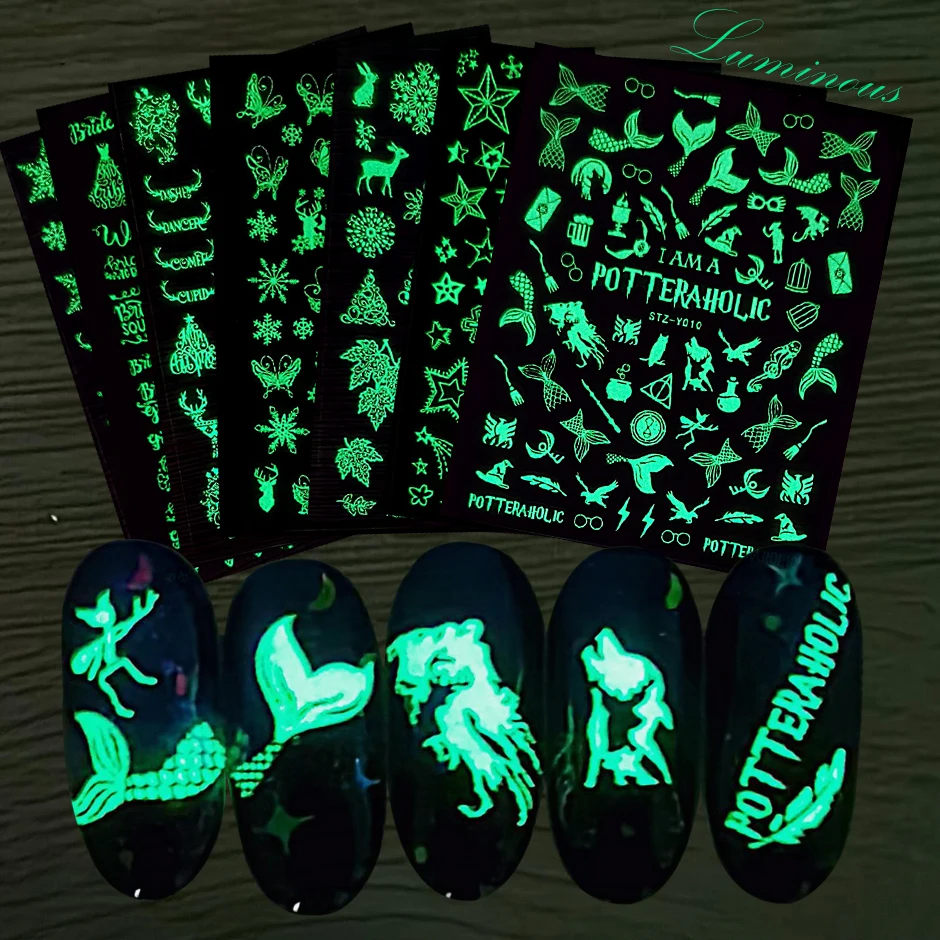 3D Meerjungfrau Schneeflocken Winter Aufkleber Glow in The dark Luminous Sliders Nail art Dekoration Weihnachten Zubehör GLSTZY001-018
