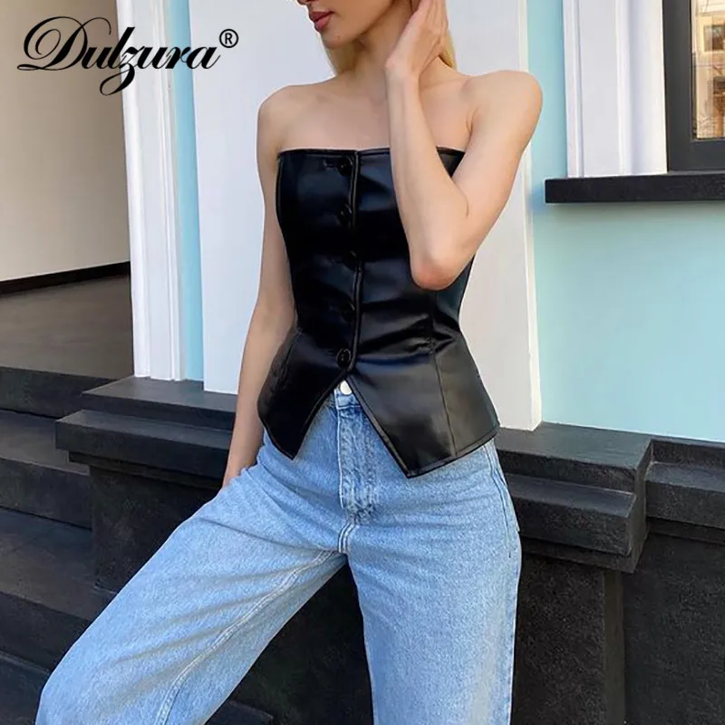 Débardeur tactique en faux cuir PU pour femme, boutons patchwork, streetwear skinny sexy, club de fête, automne, hiver, Y-Zura, 2021