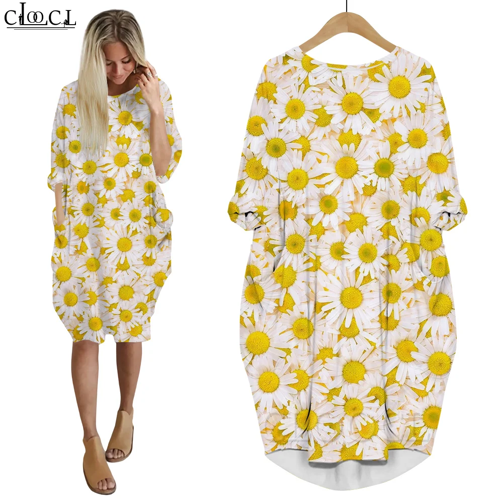 CLOOCL Women Dress Beautiful Sunflower Yellow Flowers 3D Printed Loose Daughter Dresses Long Sleeve Casual Pocket Female Dress