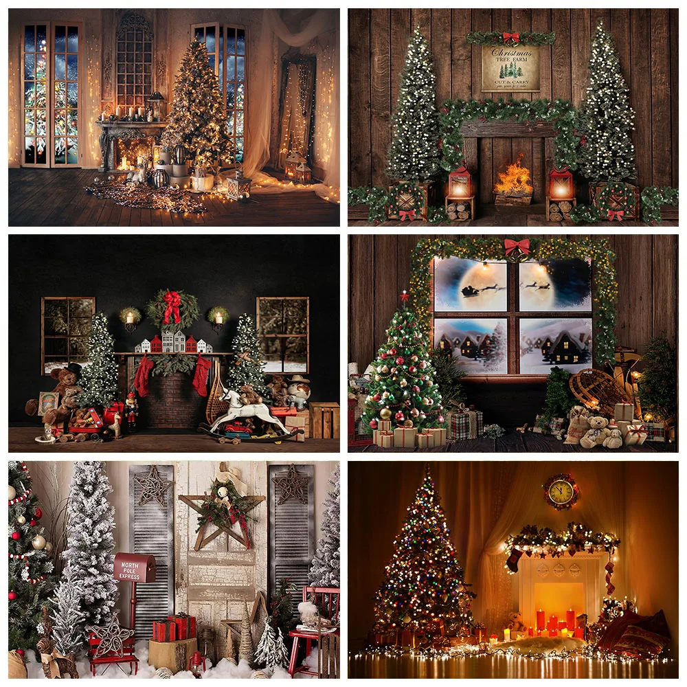 Christmas Photographic Backdrop Winter Window Christmas Tree Fireplace Photo Background Baby Decorations Portrait Props