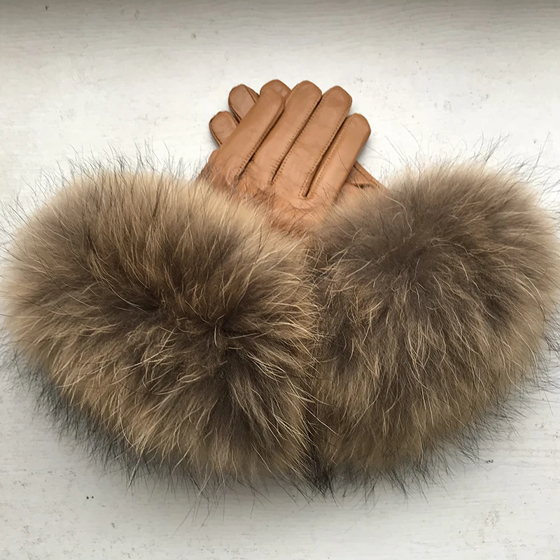 Real Raccoon Fur Gloves Women\'s Genuine Leather Gloves Fox Fur Big Raccoon Fur Sheepskin  Gloves Female Winter Velvet Warm Touch