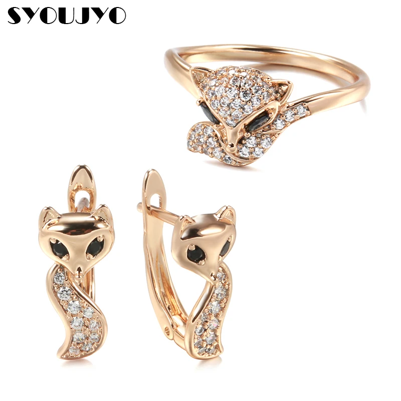 SYOUJYO 585 Rose Gold Color Cute Fox Jewelry Sets For Women Vintage Black Natural Zircon Fine Animal Earrings Rings Party Gift