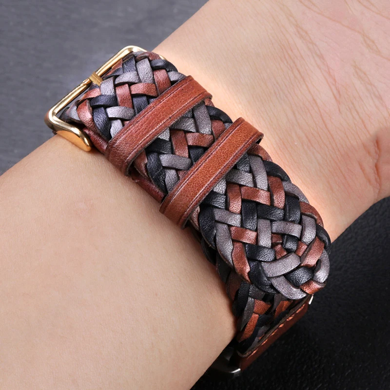 20mm 22mm Quick Release  Braided Genuine Leather Strap Men Women Replacement Bracelet Belt Wrist Band for Smart Watch Brown