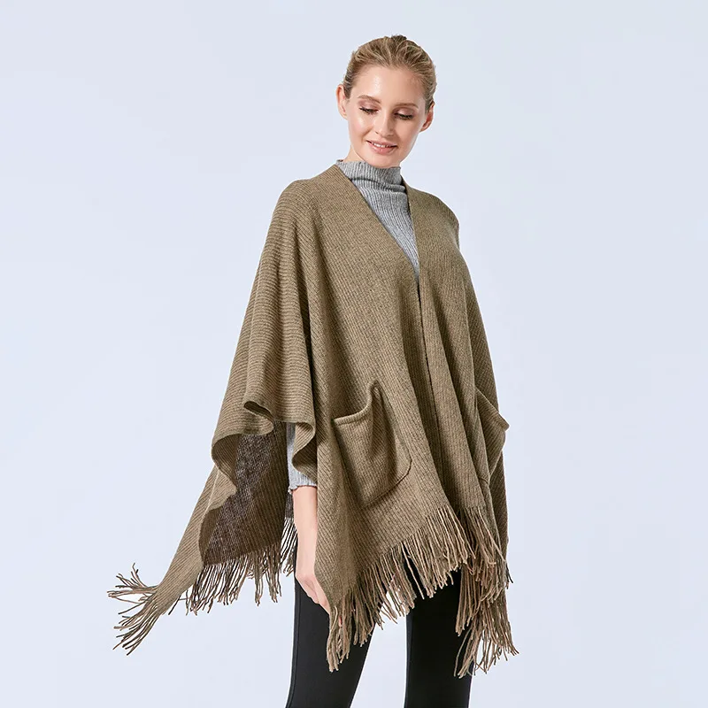 

Women's Loose Fitting Poncho Cape With V Neckline Pocket,Knit Shawl Wrap Tassels Long Cardigan Open Front Sweater Fringes