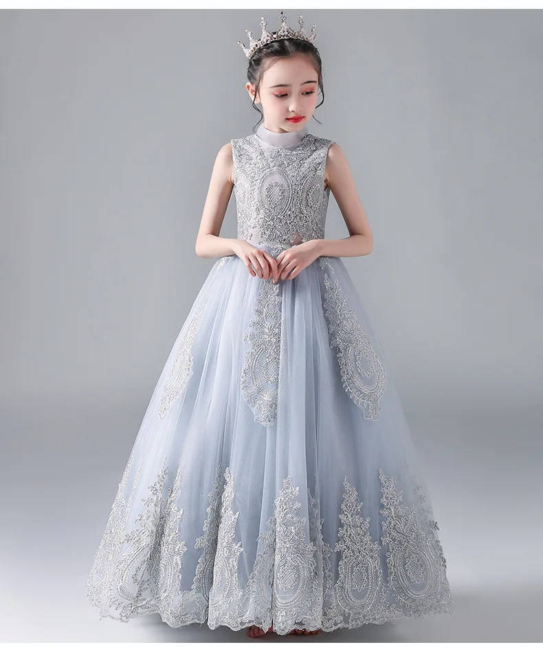 Elegant Kids Girls Embroidery Tutu Princess Dress For Wedding Party Evening Gown Gray Tulle Pageant First Communion Vestidos