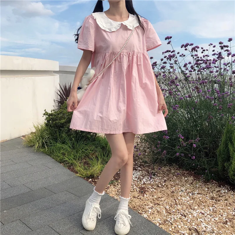 Japanse Zoete Leuke Boog Pop Kraag Jurk Ontwerp Niet-mainstream Roze Backless Medium-Lengte Jurk Vrouwelijke Zomer Lolita jurk