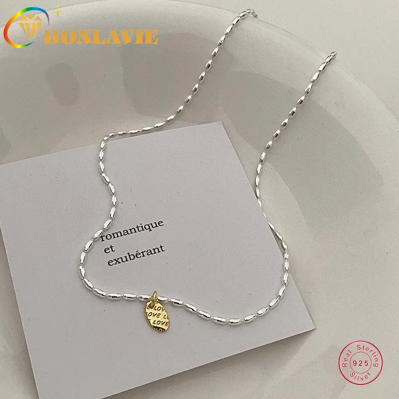 BONLAVIE S925 Sterling Silver Rice Grain Letter Necklace Color Contrast Oval Clavicle Chain Bright Silver Necklace