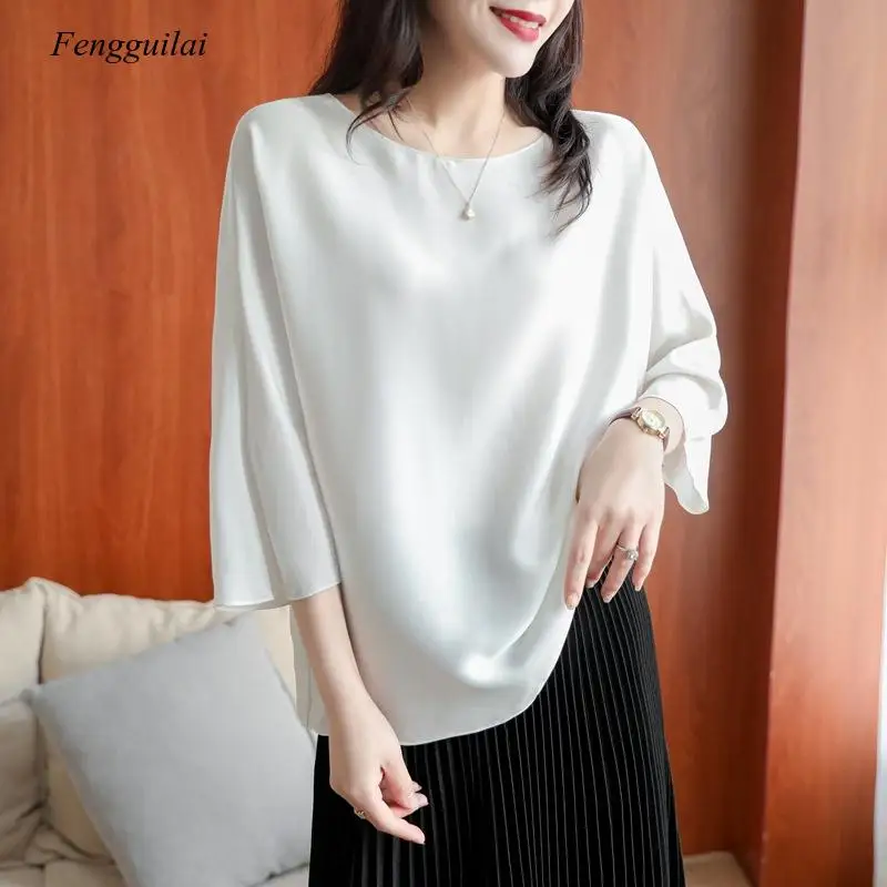 

Female Silk Shirt Satin Round Neck T-Shirt Elegant Quarter Sleeve 2021 New Loose Large Summer Top