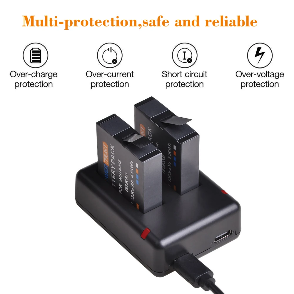 2Pcs 1200mAh ONE X Battery + Dual USB Charger for Insta360 ONE X Battery with Type C Port