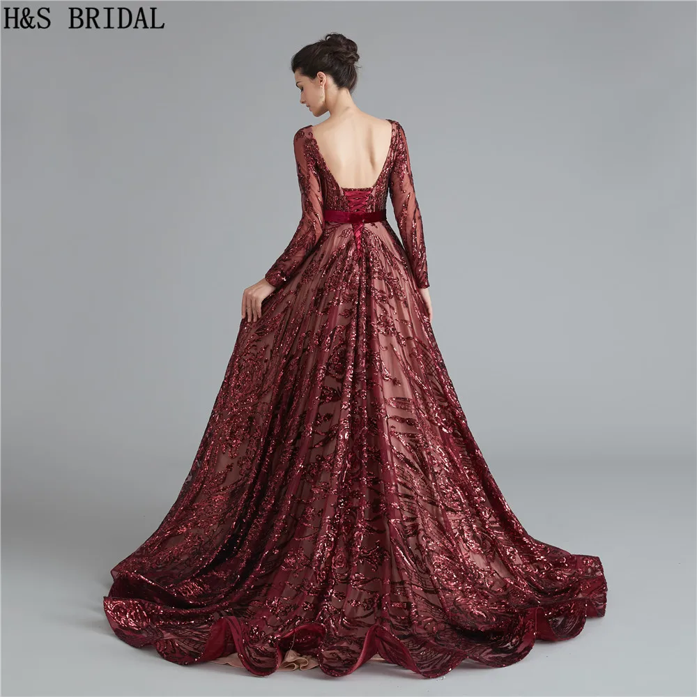 Burgundy แขนยาวชุดราตรีเลื่อม Backless ชุดราตรียาวชุดราตรีชุด Robe de Soiree อย่างเป็นทางการ