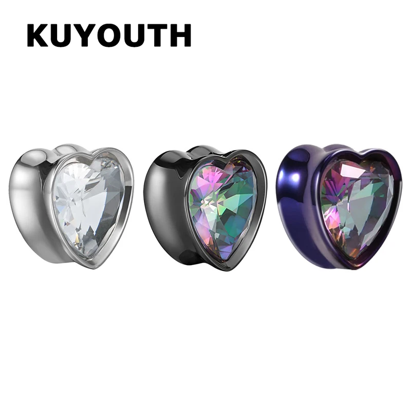 KUYOUTH Fashion Stainless Steel Heart White Zircon Ear Tunnels Gauges Stretchers Body Piercing Jewelry Earring Expanders 2PCS