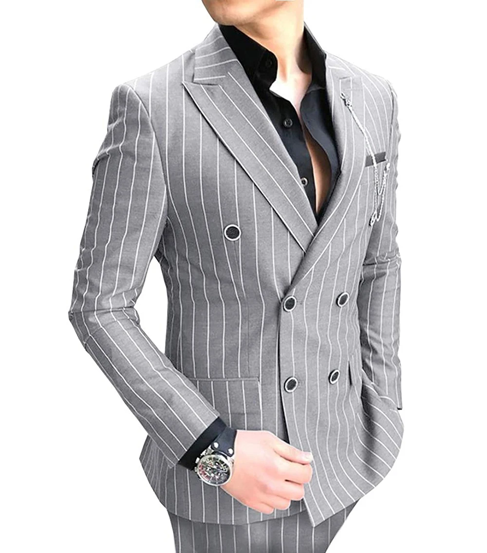 2024 New Silver Men's Striped Suit 2 Pieces Double-breasted Notch Lapel Flat Slim Fit Casual Tuxedos For Wedding(Blazer+Pants)