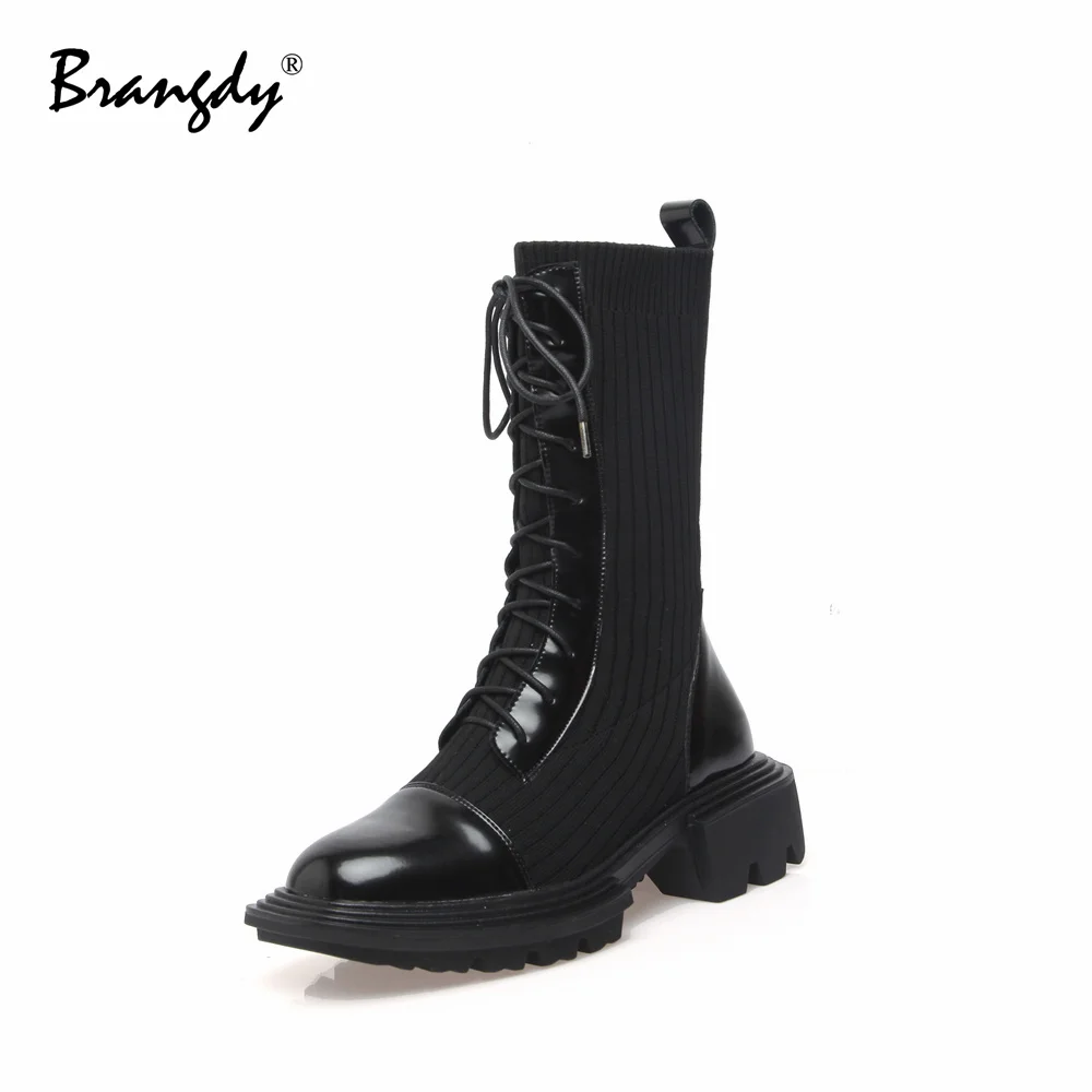 Brangdy Fashion Women Mid Calf Sock Boots Genuine Leather Woolen Square Toe Women Shoes Splicing Women Winter Boots With Fur