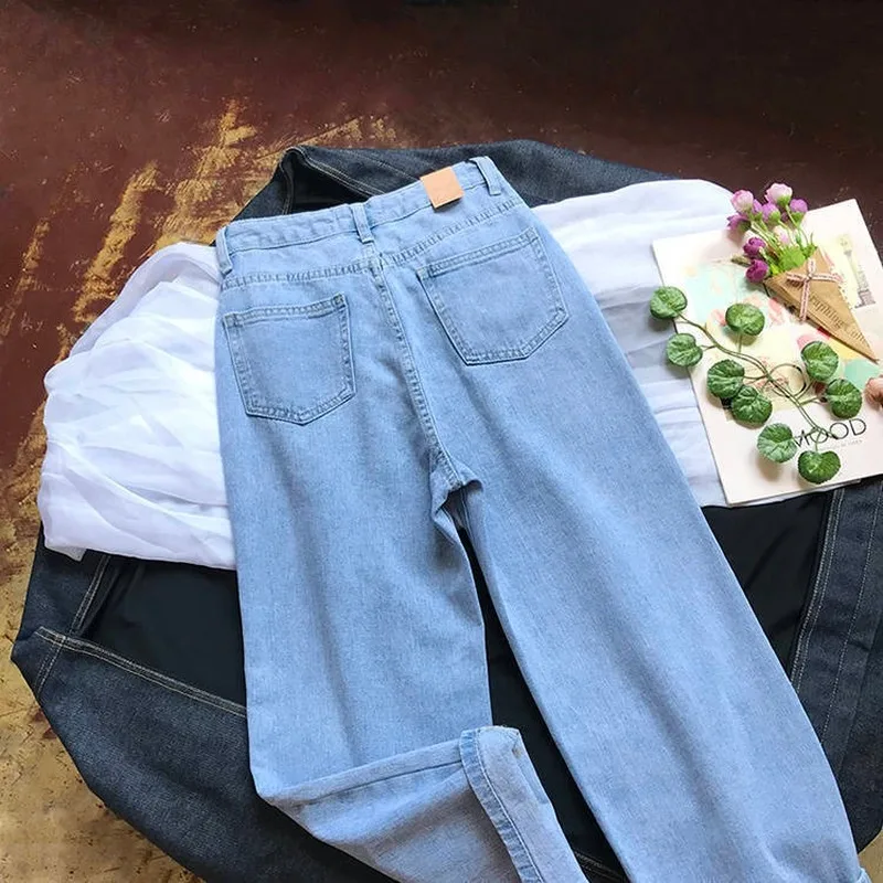 Jeans Wanita Celana Panjang Kaki Lebar Wanita Solid Pinggang Tinggi Kasual Bergaya Longgar 5XL Fashion Gaya Korea Chic Streetwear Semua Cocok