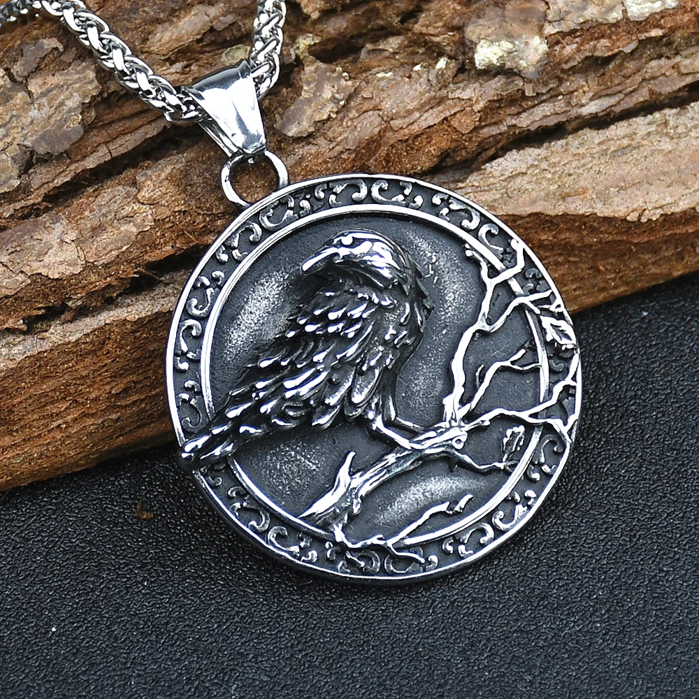 Odin Raven Necklace Men Stainless Steel Nordic viking Oidns Crow Pendant Scandinavian Vegvisir Runes Amulet Talisman Jewelry