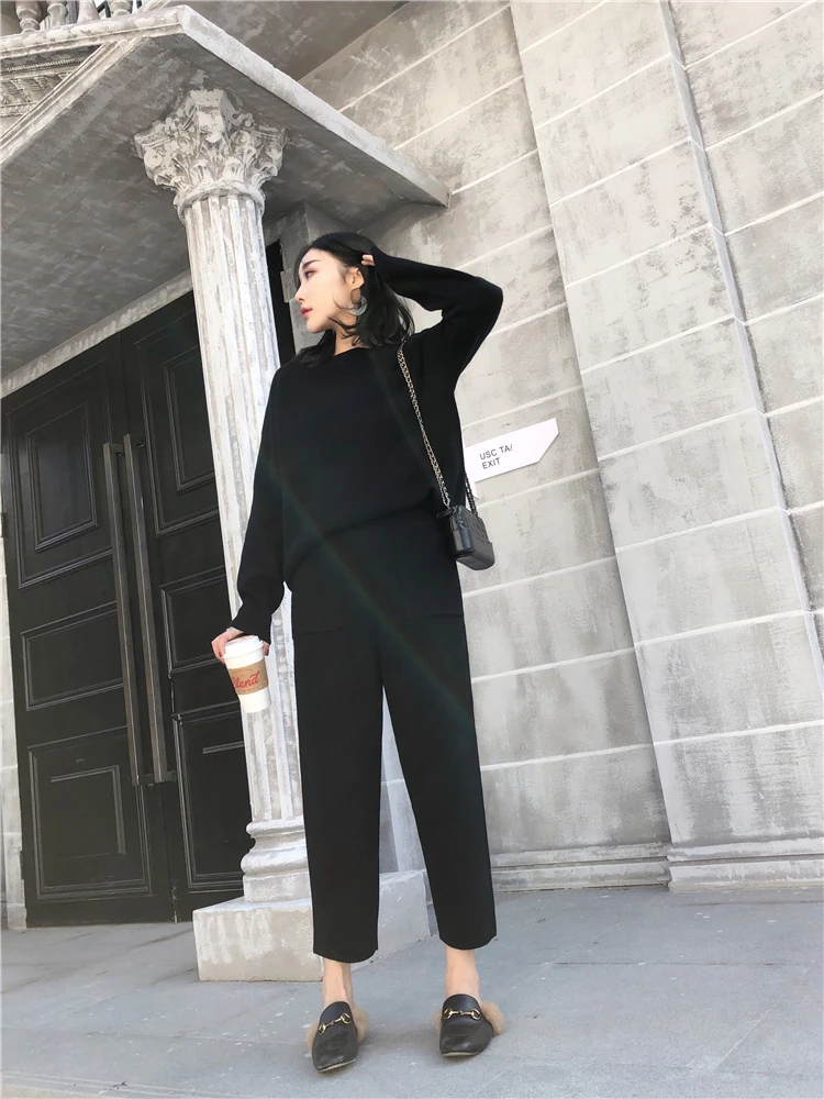 Women\'s suit Winter Knitted 2 pieces Set Tracksuits Women Thick Warm O-neck Loose Sweater+Ankle-Length Pants Warm Cashmere Suit