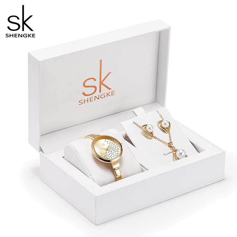 Shengke Women Watches Set With Gift Box Luxury Style With Necklace Earrings Rings Accessories Gift For Love With High Quality