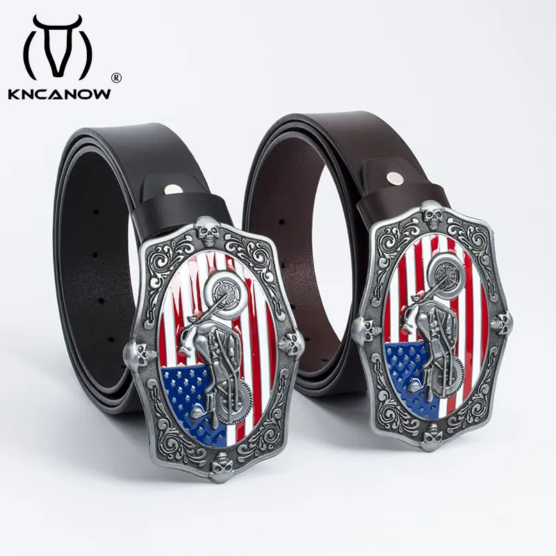 Usa Flag Cowboy Jeans Heavy Metal Belts For Men Genuine Leather Belt Punk Rock Male Strap Ceinture Homme Motorcycle Accessories