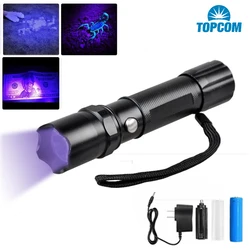 Topcom 3W 365nM 395nM UV Light Rechargeable Ultraviolet Lantern UV Flashlight Torch Anti-fake Money Detect With Battery Charger