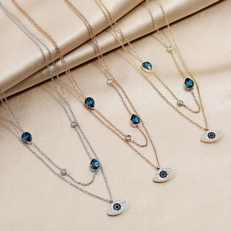 

Evil Eye Blue Cubic Zirconia Layered Chain Necklace Clavicle Long Chain Statement Pendent For Women Fashion Jewelry Gifts