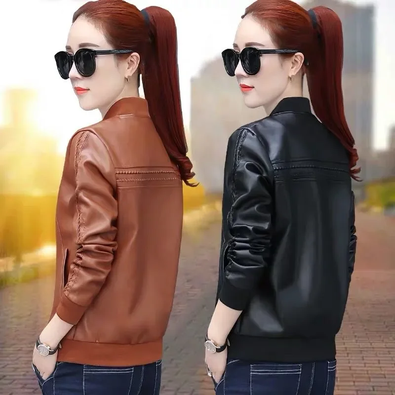 2025Spring Autumn New Slim Stand-UP Collar Baseball Uniform Plus Velvet Thick PU Outwear Female Leather Jacket Short Coat Women