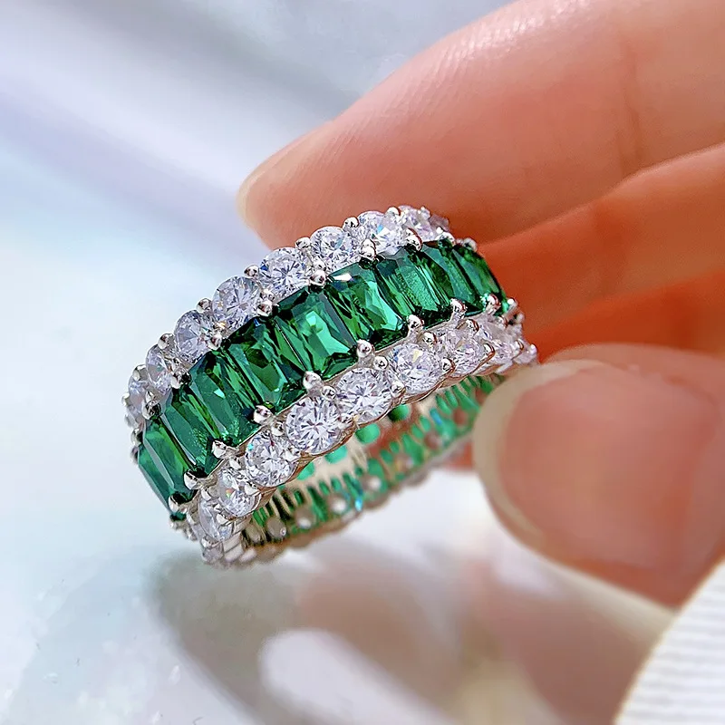 Eternity Volledige Emerald Diamond Ring 100% Echt 925 Sterling Zilveren Party Wedding Band Ringen Voor Vrouwen Mannen Engagement Sieraden