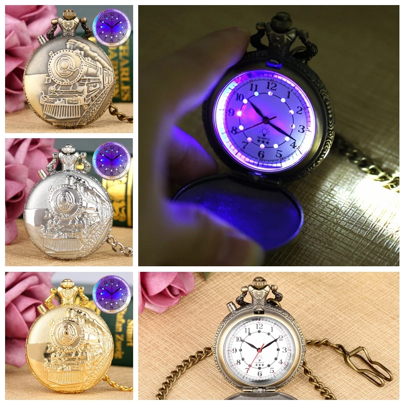 LED فلاش مضيئة Vintage الطلب كوارتز ساعة الجيب سلسلة البرونزية منحوتة البخار قطار Steampunk موتور السكك الحديدية الرجعية فوب ساعة ساعة