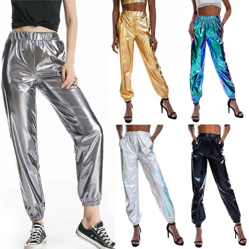 Metallic Shiny Jogger Pants Women Harem Hip Hop High Waisted Glittening Streetwear Elastic Trousers