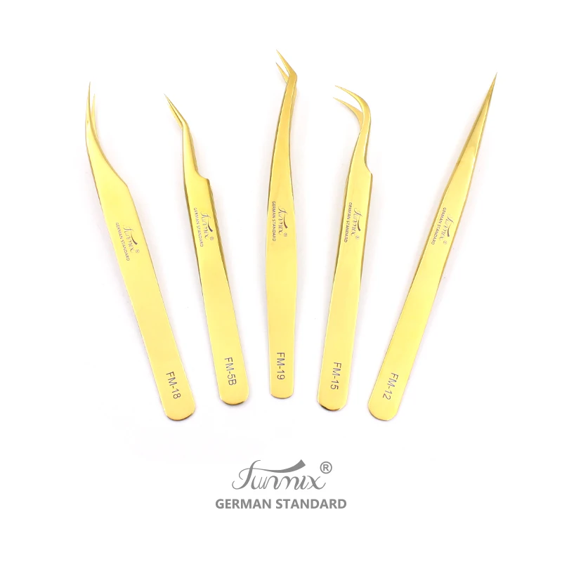 5pcs/set FUNMIX Golden Premium Makeup Tweezers Lashes Pincers For Eyelash Extension Watch Repair Stainless Steel ESD