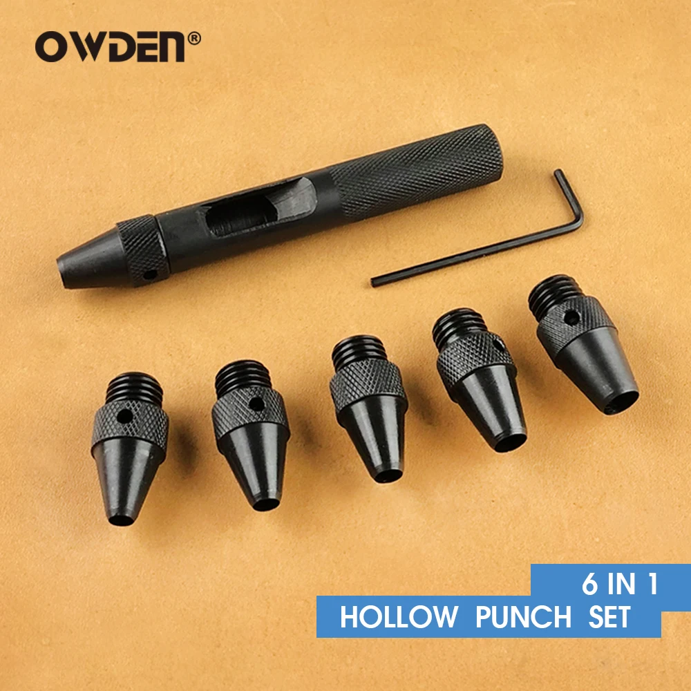 OWDEN 6 in 1 Replaceable Leather Hole Punch Set 4.8/5.0/5.5/6.4/6.8/7.8mm Belt Puncher Round Punching Leather Tools for Punching