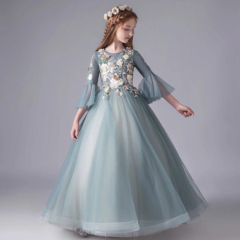 Pretty Blue Lace 3D Flower Kids Communion Dresses Long Flower Girl Dresses Party Ball Gowns Pageant Wedding Dresses For Girls