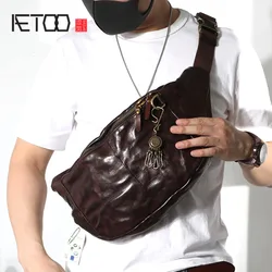 AETOO-Bolso de pecho hecho a mano para hombre, bolso de hombro de cuero, bolso plisado antiguo