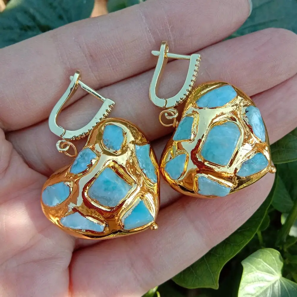 Y·YING Natural Blue Larimar Heart Shaped Yellow Gold color Plated Dangle LeverBack Earrings