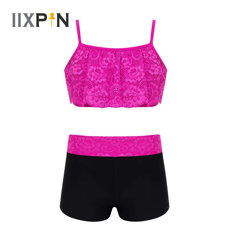 

Kids Girls 2 pieces Tankini Dance Outfit Ballet Gymnastics Workout Floral Lace Crop Top with Bottoms shorts ballet dancewear