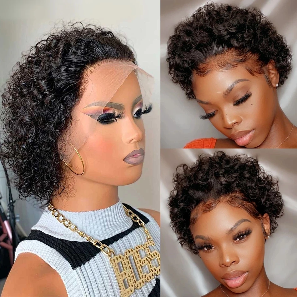 Short Curly Lace Wigs Pixie Cut Lace in Front  Wig For Black Burgundy Color Women Brazilian Remy Real Hair 150% Density