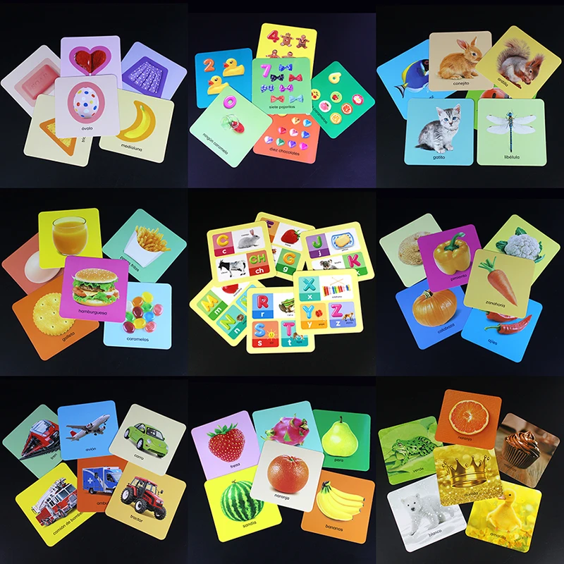 10 Style Kids Learning Spanish Frutas/Animales/Verduras Tarjetas Cognitive FlashCards Montessori Educational Card For Children