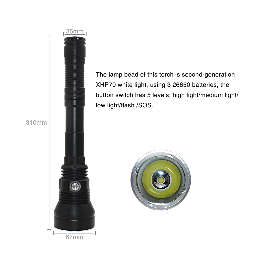 LED Flashlight XHP70.2 Scuba Diving Light Waterproof IPX8 Underwater spearfishing 100m XHP70 led Dive Lamp Torch 3*26650 battery