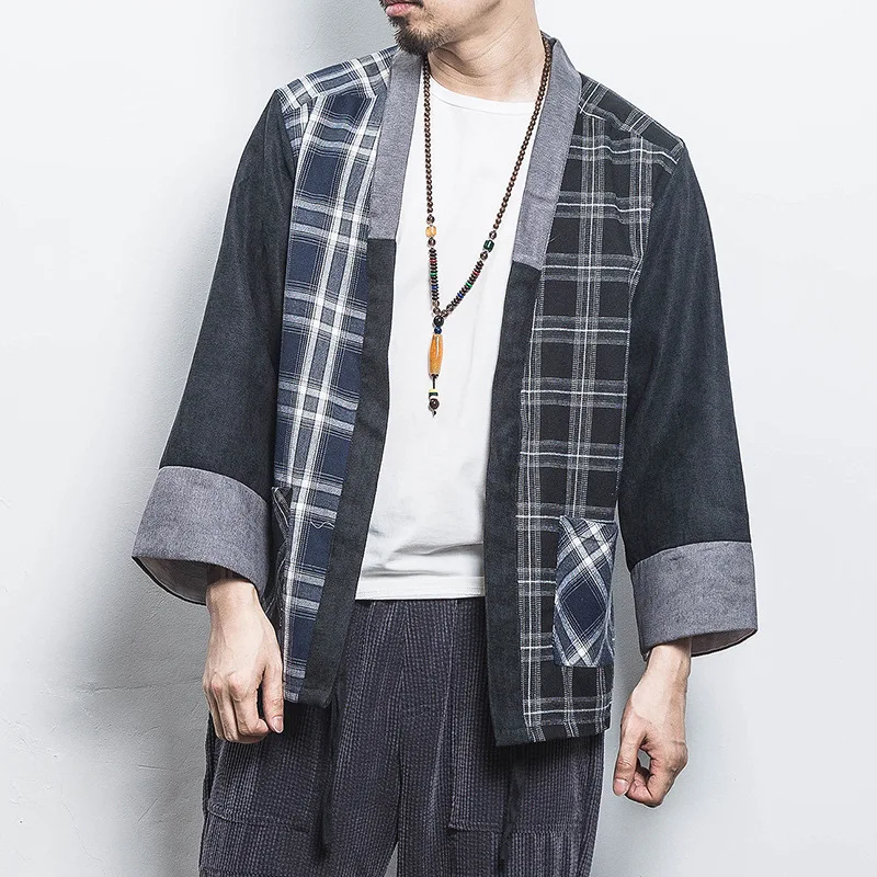 New Japanese Men Cotton Plaid Cardigan Japan Haori Outterwear Hanten Coat Fashion Male Samurai Kimono Yukata  Clothes